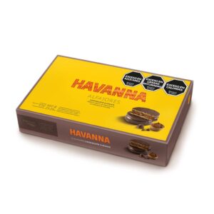 Alfajor Havanna de chocolate en su clasica caja amarilla de 12 unidades, envuelto en su clásico papel dorado